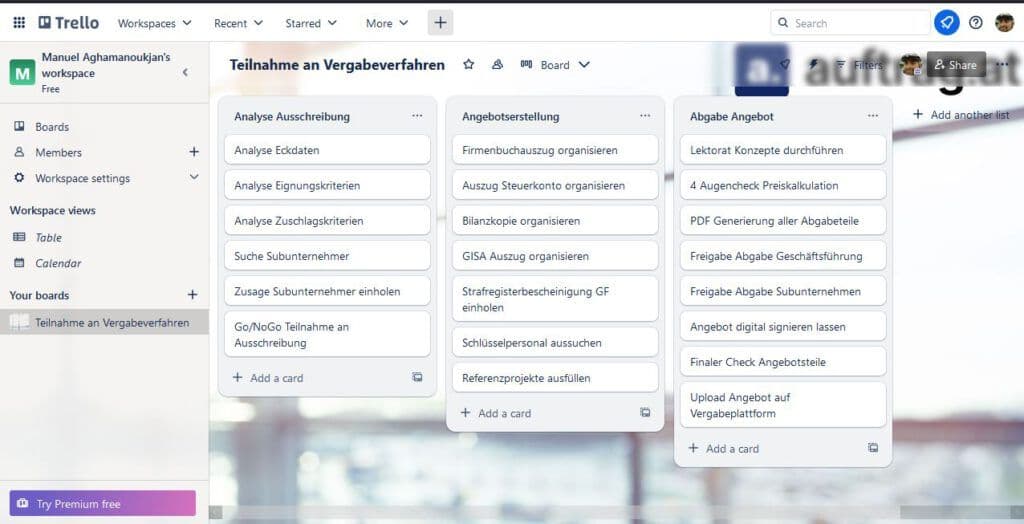 Beispiel eines Trello-Screenshots für ein Projekt einer Teilnahme einer Ausschreibung