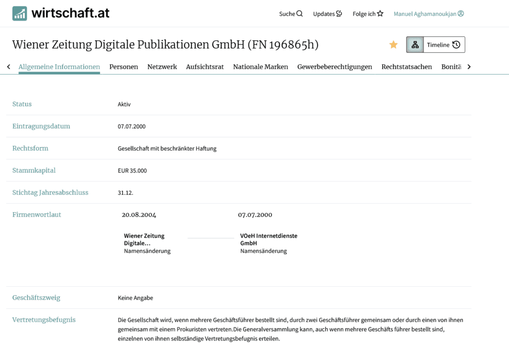 Screenshot wirtschaft.at allgemeines Unternehmensprofil