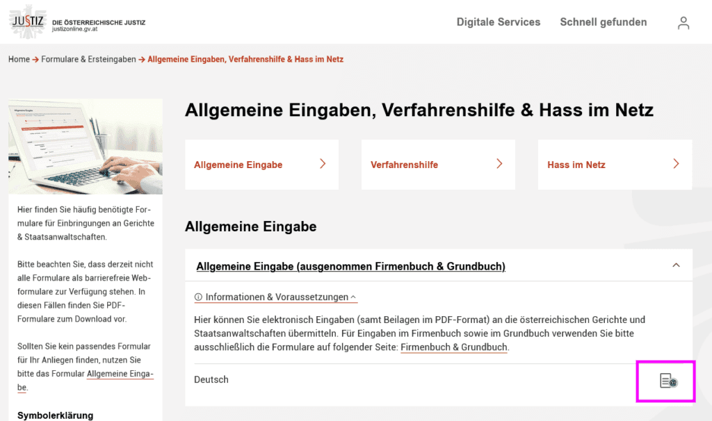 Screenshot justiz.gv.at