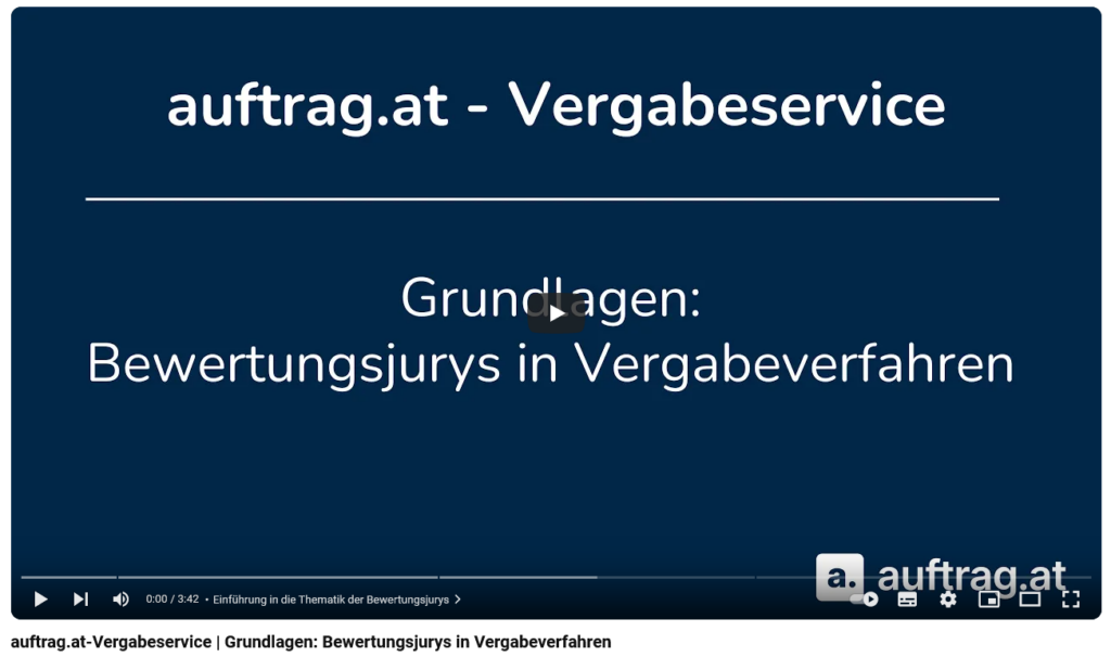 Ein Standbild aus einem auftrag.at-Vergabeservice Video mit dem Titel "Grundlagen: Bewertungsjurys in Vergabeverfahren".