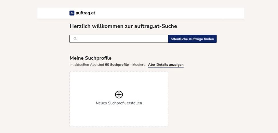 Screenshot vom Dashboard der auftrag.at-Suche