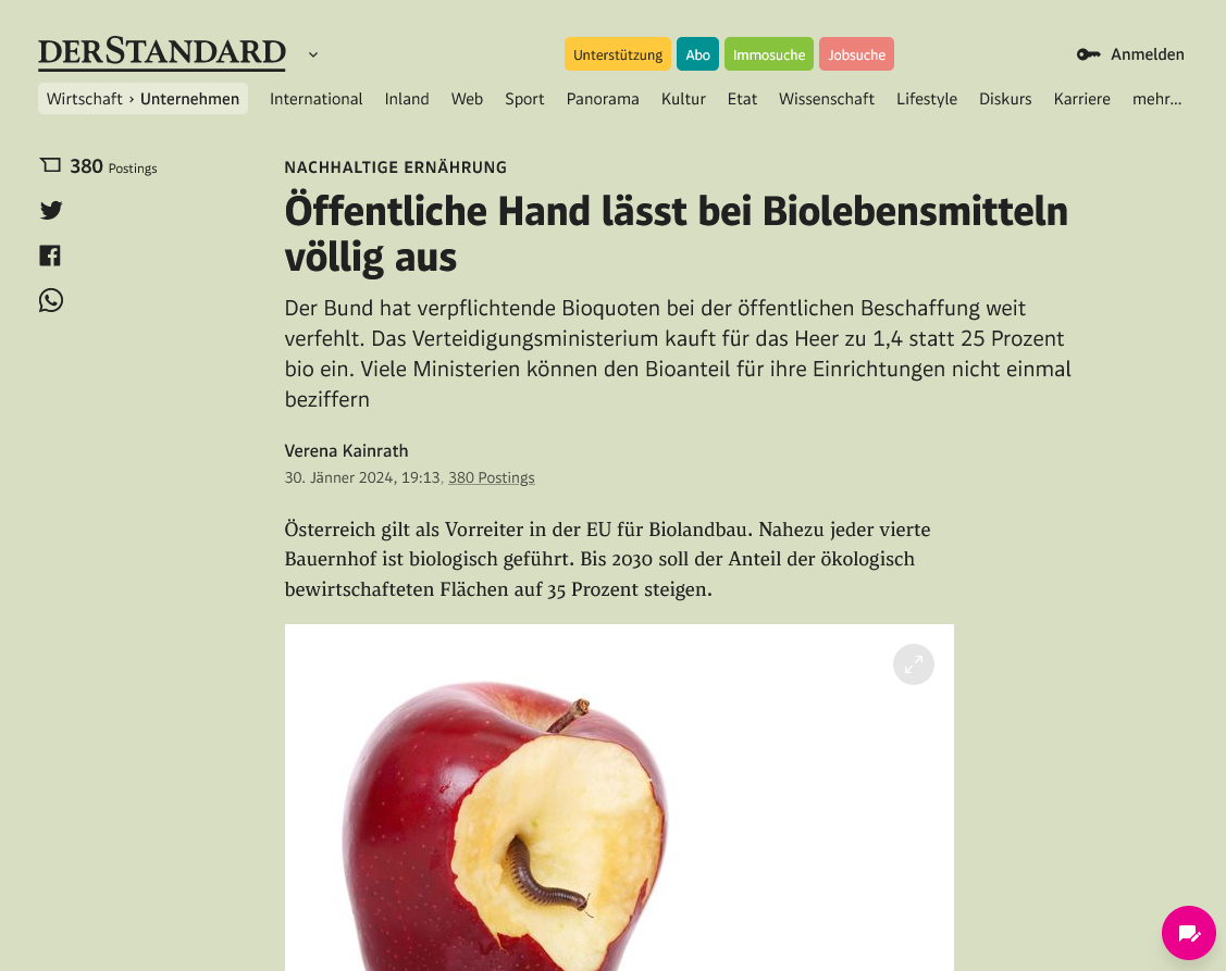 Ausschnitt aus dem Bericht vom Standard "Öffentliche Hand lässt bei Biolebensmitteln völlig aus"