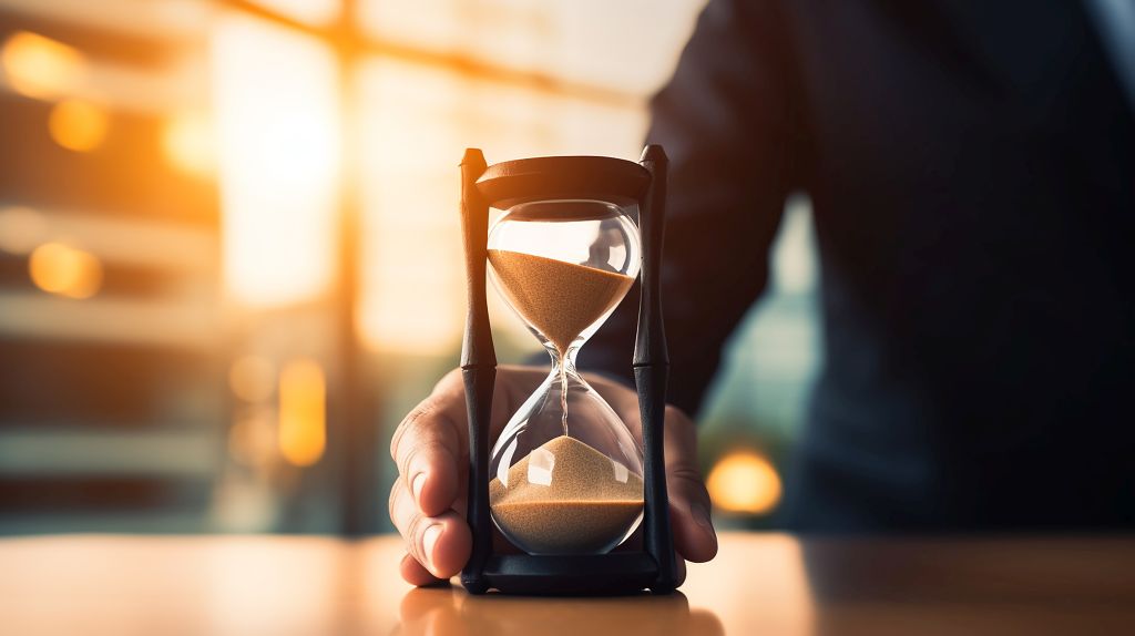 Ein Mann in Anzug hält einen ablaufende Sanduhr in der Hand.