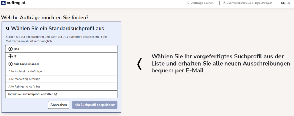 Auswahl an vorkonfigurierten Suchprofilen (Standardsuchprofile)